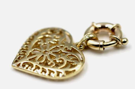 Kaedesigns Genuine 9ct 9k 375 Large Yellow, Rose or White Gold Filigree Flower Double Sided Heart Pendant + Bolt Ring