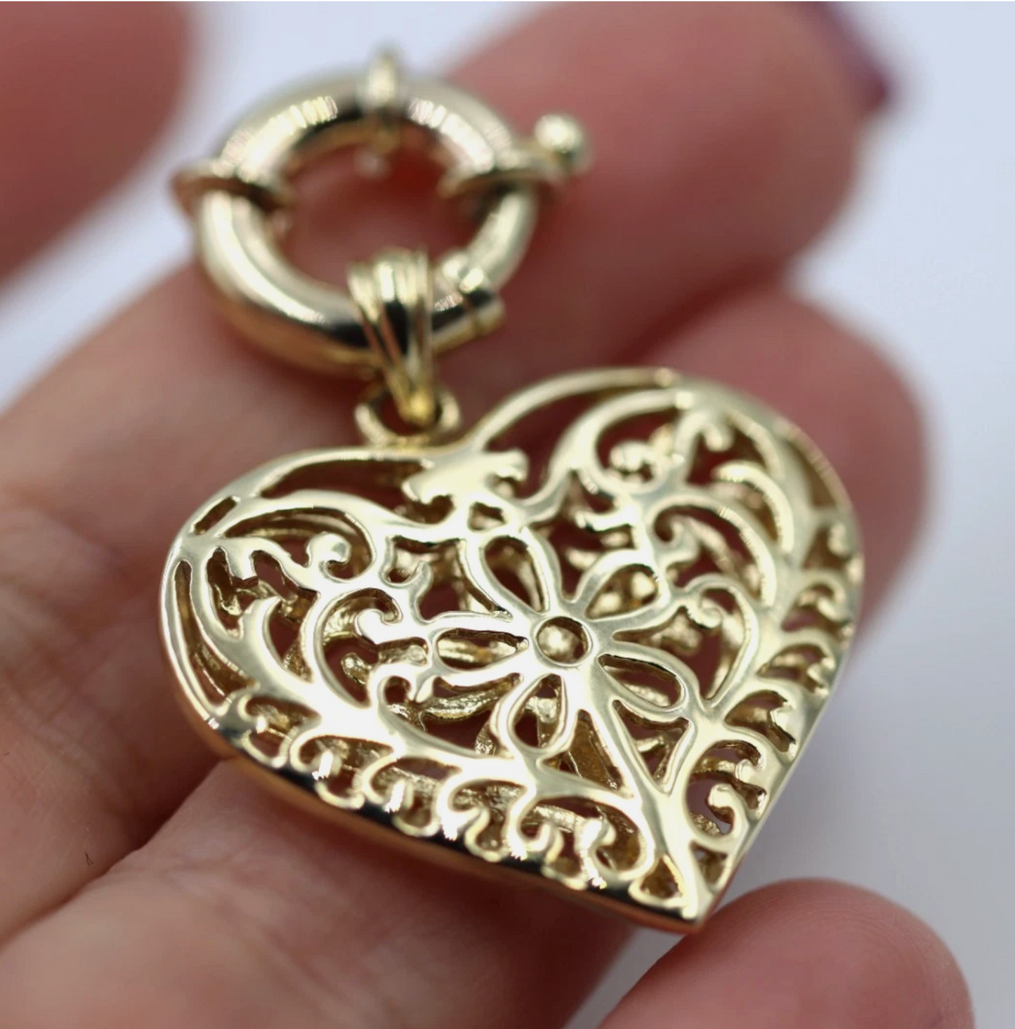 Kaedesigns Genuine 9ct 9k 375 Large Yellow, Rose or White Gold Filigree Flower Double Sided Heart Pendant + Bolt Ring