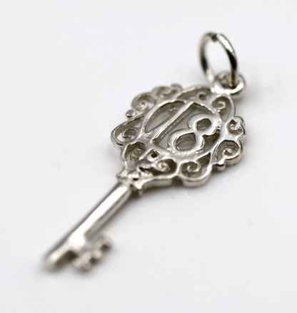 Sterling Silver 925 Small Fancy Key 18th Pendant Or Charm