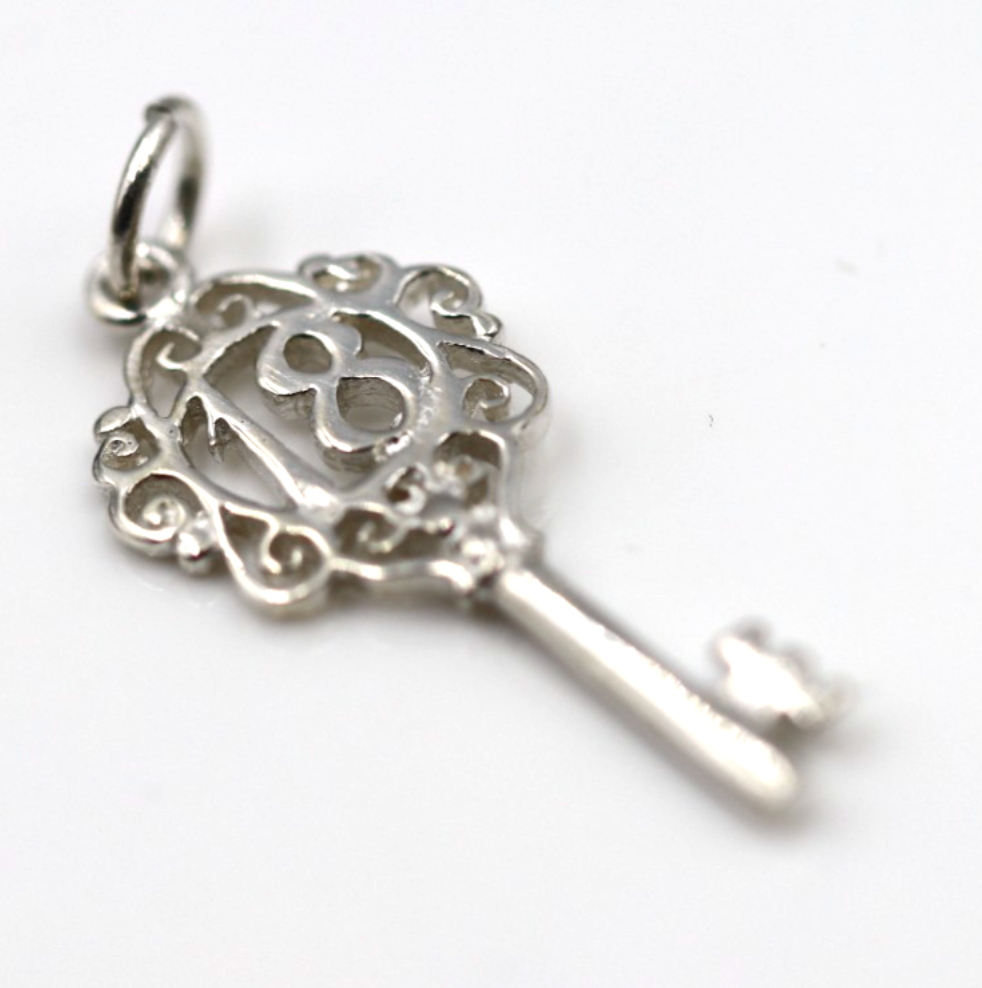 Sterling Silver 925 Small Fancy Key 18th Pendant Or Charm