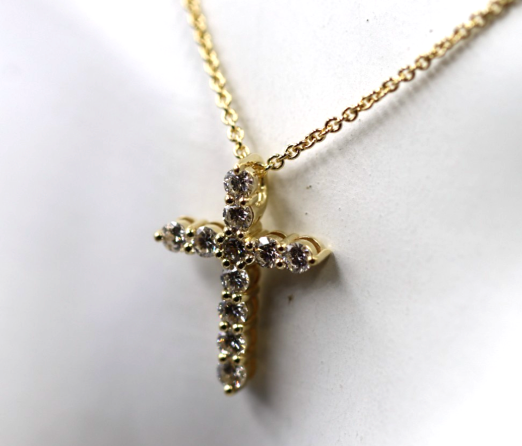 Genuine 18ct 750 Yellow Gold Round Lab Grown Diamond Cross Pendant + Necklace