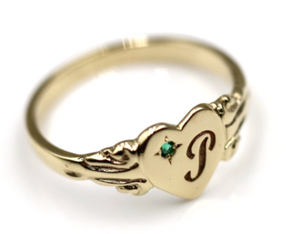 Kaedesigns Genuine 9ct 9k 375 Yellow, Rose or White Gold Green Emerald Heart Signet Ring + Engraving