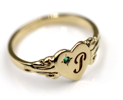 Kaedesigns Genuine 9ct 9k 375 Yellow, Rose or White Gold Green Emerald Heart Signet Ring + Engraving
