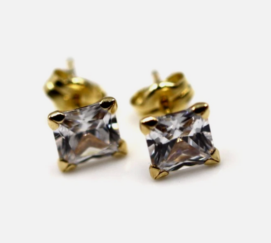 Genuine New 9ct 9K 375 Yellow Gold 4mm or 6mm 4 Claw Square CZ Stud Earrings