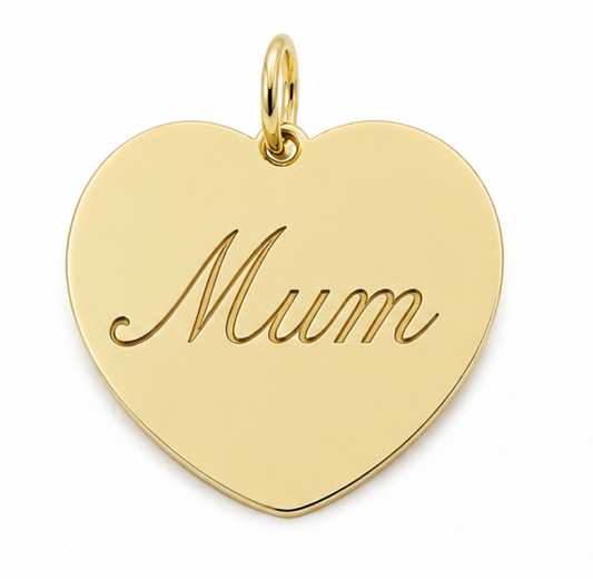 Solid Genuine 9ct Yellow, Rose or White Gold 375, Large Heart Shield Disc Pendant, Engraved with "Mum"