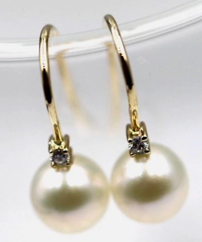 Genuine 9ct Yellow Gold Diamond Set Cultured Pearl Ball Drop Earrings