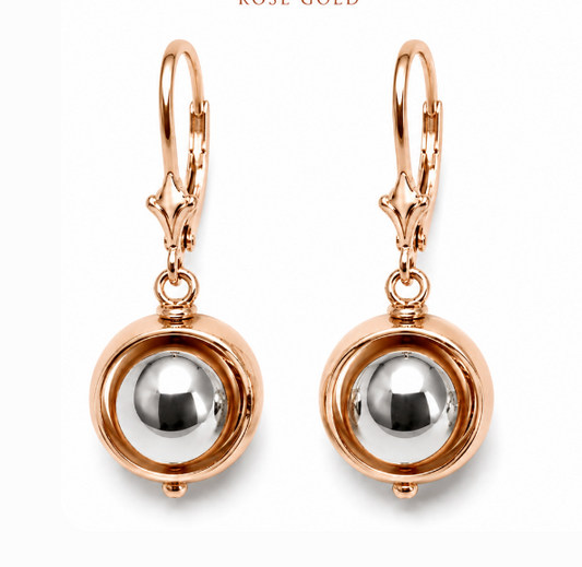 Genuine 9k 9ct 375 White & Rose Gold Spinning Belcher Ball Continental Hooks Drop Earrings