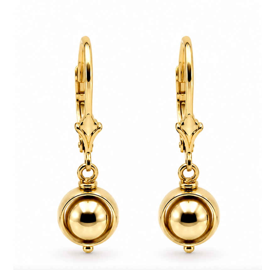 Genuine 9ct 9k Yellow, Rose or White Gold Spinning Belcher Ball Continental Hooks Drop Earrings