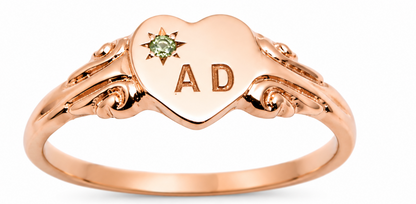 Size J,  August Birthstone 9ct 9k Yellow, Rose or White Gold 375 Green Peridot Stone Heart Signet Ring + Engraving