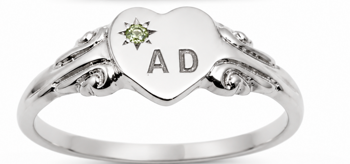 Size J,  August Birthstone 9ct 9k Yellow, Rose or White Gold 375 Green Peridot Stone Heart Signet Ring + Engraving