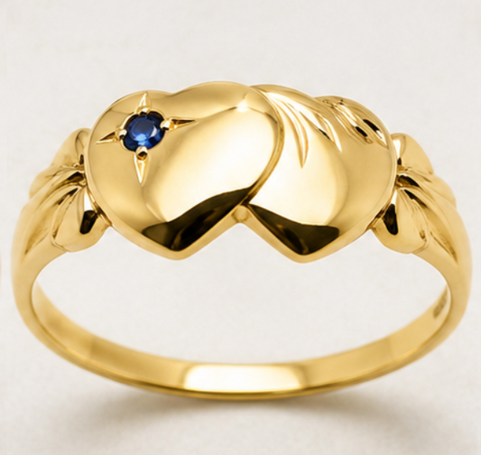 Genuine 9k 9ct 375 Yellow, Rose & White Gold Aust Blue Sapphire Double Heart Signet Ring - Choose your size