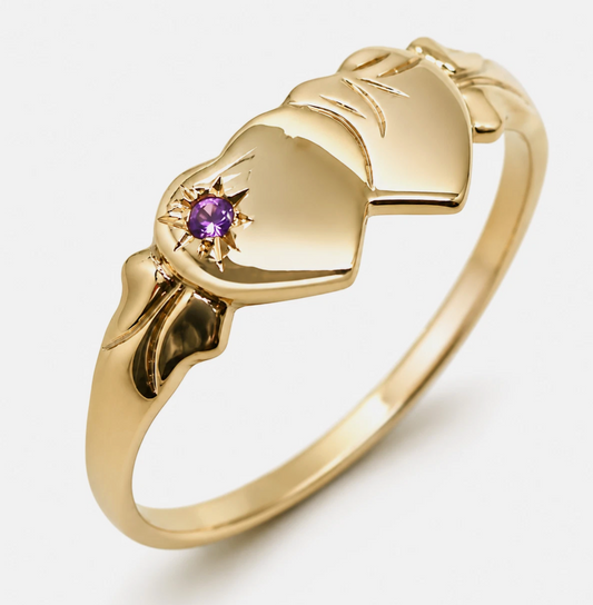 Genuine 9ct 9k 375 Yellow Gold Amethyst (Birthstone Of February) Double Heart Signet Ring - Choose your size