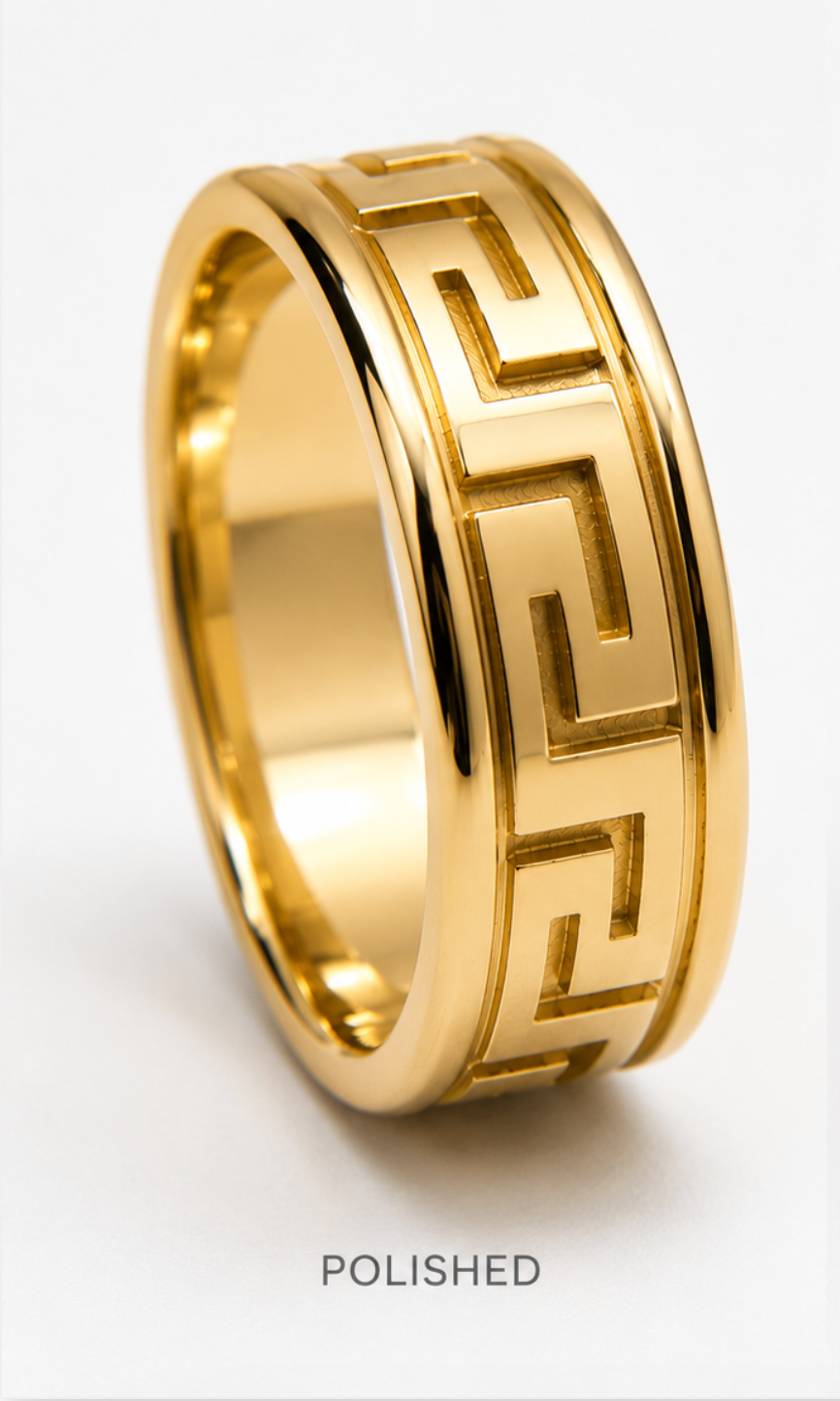 Kaedesigns, Genuine 9ct 9K 375 Yellow Solid Polished or Matt Gold Large Greek Key Ring In Your Size