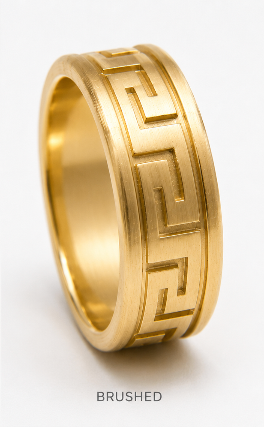 Kaedesigns, Genuine 9ct 9K 375 Yellow Solid Polished or Matt Gold Large Greek Key Ring In Your Size