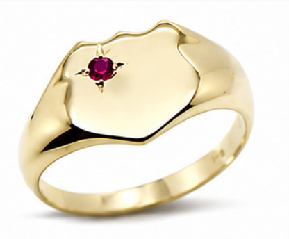 Genuine Solid 9ct 9k 375 Yellow, Rose or White Gold Shield Signet Ring set with Ruby