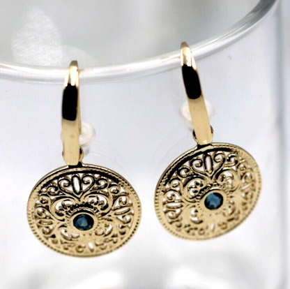Genuine 9ct Solid Yellow, Rose or White Gold Blue Topaz Filigree Round Drop Earrings