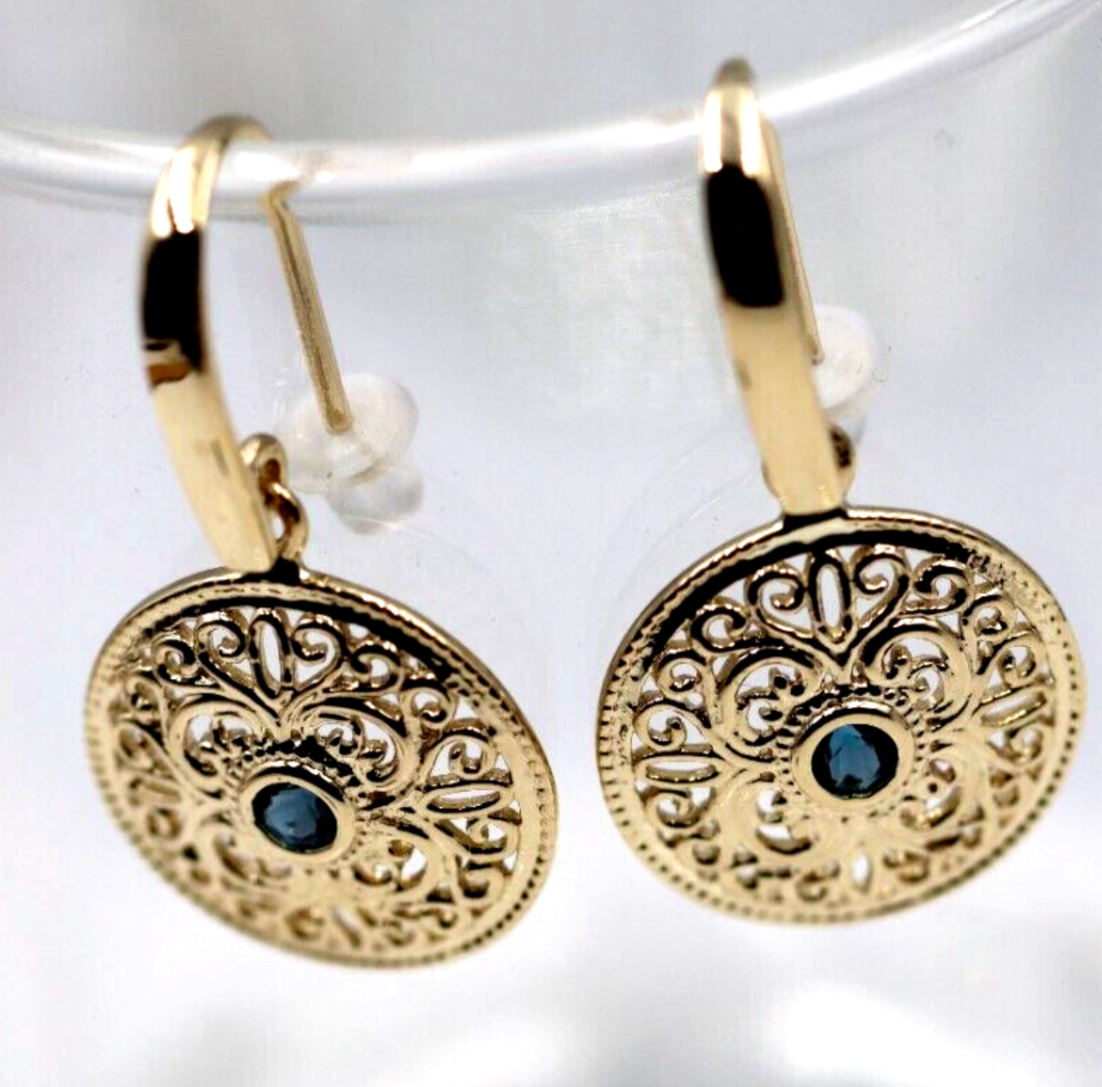 Genuine 9ct Solid Yellow, Rose or White Gold Blue Topaz Filigree Round Drop Earrings