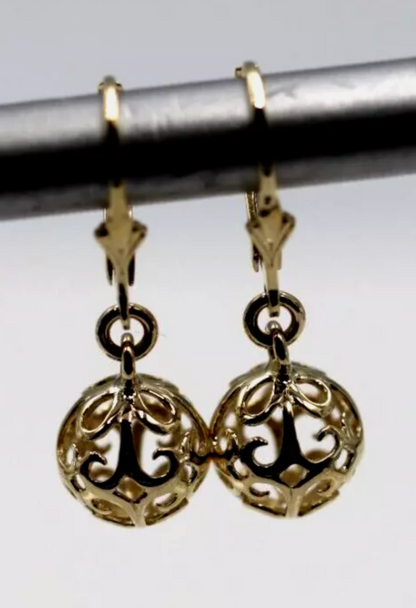 Genuine 9ct 9k 375 Yellow, Rose or White Gold 10mm Filigree Ball Hook Continental Earrings