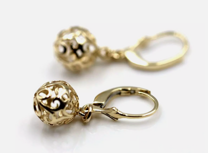 Genuine 9ct 9k 375 Yellow, Rose or White Gold 10mm Filigree Ball Hook Continental Earrings