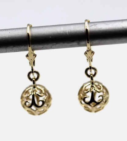 Genuine 9ct 9k 375 Yellow, Rose or White Gold 10mm Filigree Ball Hook Continental Earrings