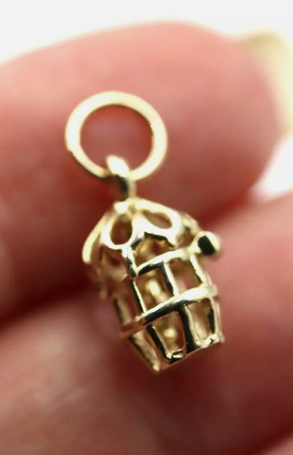 Kaedesigns Small 9ct 9k 375 Yellow Gold Solid Bird Cage with Bird Pendant or Charm