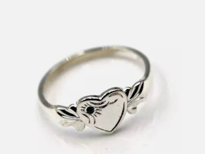 Sterling Silver 925 March Birthstone Heart Signet Ring +Aquamarine CZ
