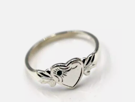 Sterling Silver 925 March Birthstone Heart Signet Ring +Aquamarine CZ