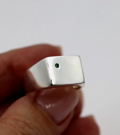 Genuine Emerald Set Sterling Silver 925 Rectangle Signet Ring