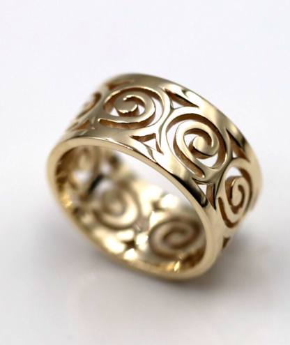 Size O 1/2 or 7.25 - 10mm Wide Solid Genuine 9ct 9k Yellow, Rose or White Gold Swirl Surf Wave Ring