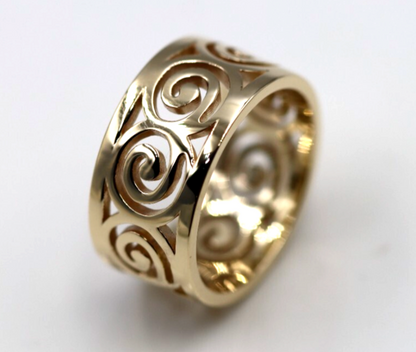 Size O 1/2 or 7.25 - 10mm Wide Solid Genuine 9ct 9k Yellow, Rose or White Gold Swirl Surf Wave Ring