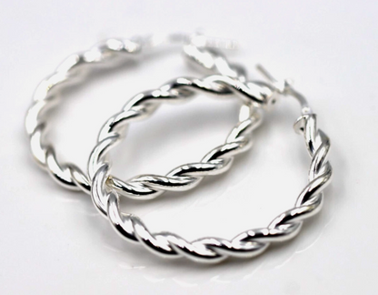 Genuine Large Sterling Silver 925 38mm Round Twist Twisted  Hoop Earrings
