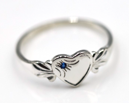 Sterling Silver 925 September Birthstone Heart Signet Ring +  Blue Spinel/Sapphire CZ