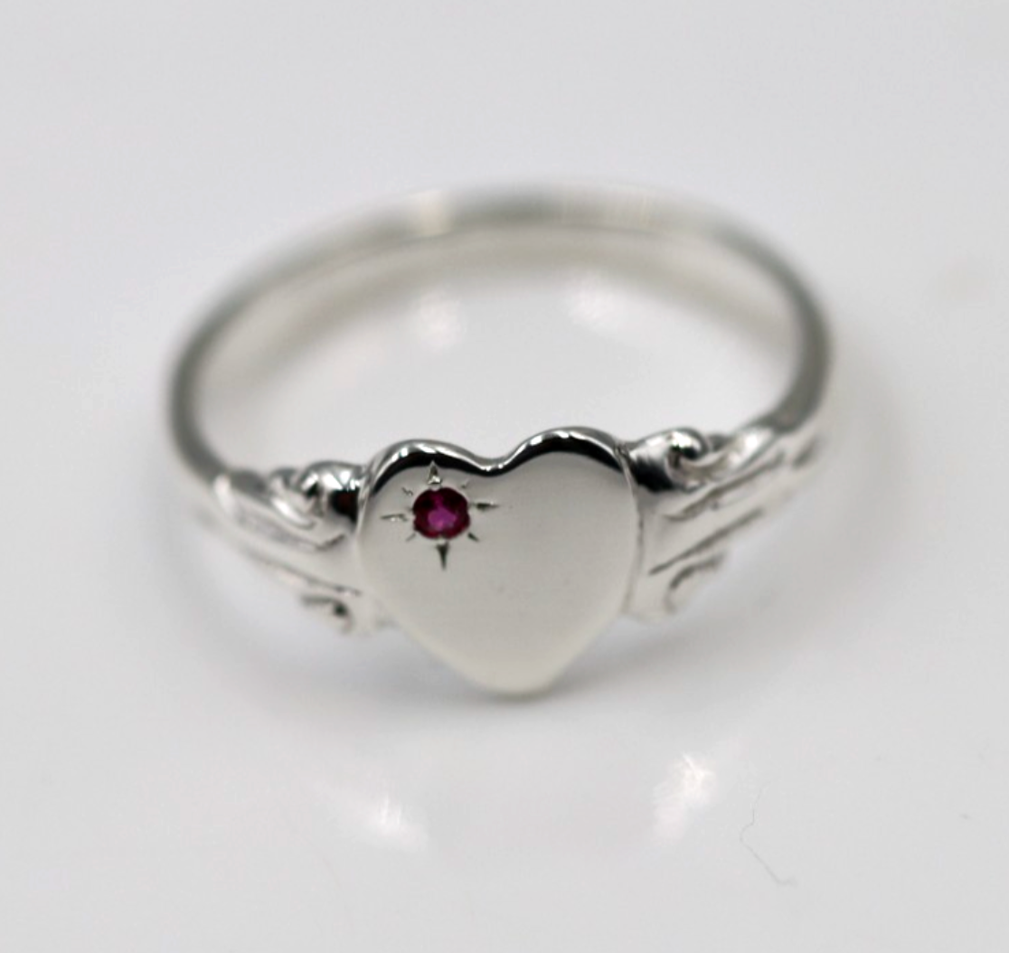 Kaedesigns Sterling Silver 925 Heart Pink Sapphire Set Signet Ring - Choose your size