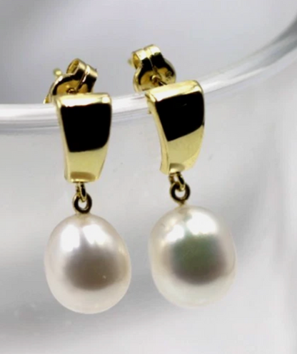 Genuine 9ct 9k 375 Yellow Gold Oval Freshwater Pearl 9mm x 8mm Stud Earrings