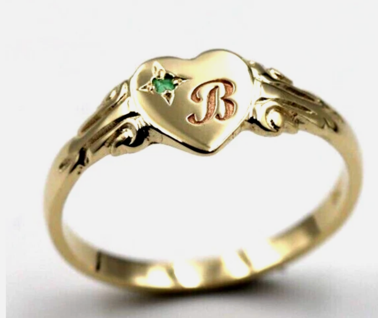 Kaedesigns Genuine 9ct 9k 375 Yellow, Rose or White Gold Green Emerald Heart Signet Ring + Engraving