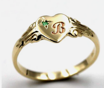 Kaedesigns Genuine 9ct 9k 375 Yellow, Rose or White Gold Green Emerald Heart Signet Ring + Engraving