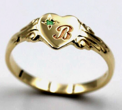 Kaedesigns Genuine 9ct 9k 375 Yellow, Rose or White Gold Green Emerald Heart Signet Ring + Engraving