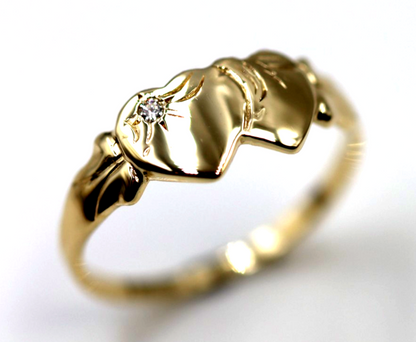 Genuine 9ct 9k Yellow Gold Double Heart Lab Grown Diamond Signet Ring (choose your ring size F to 0)