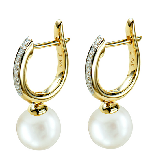 Kaedesigns 9ct Yellow Gold Diamond Set Cultured Pearl Ball Drop Huggie Earrings