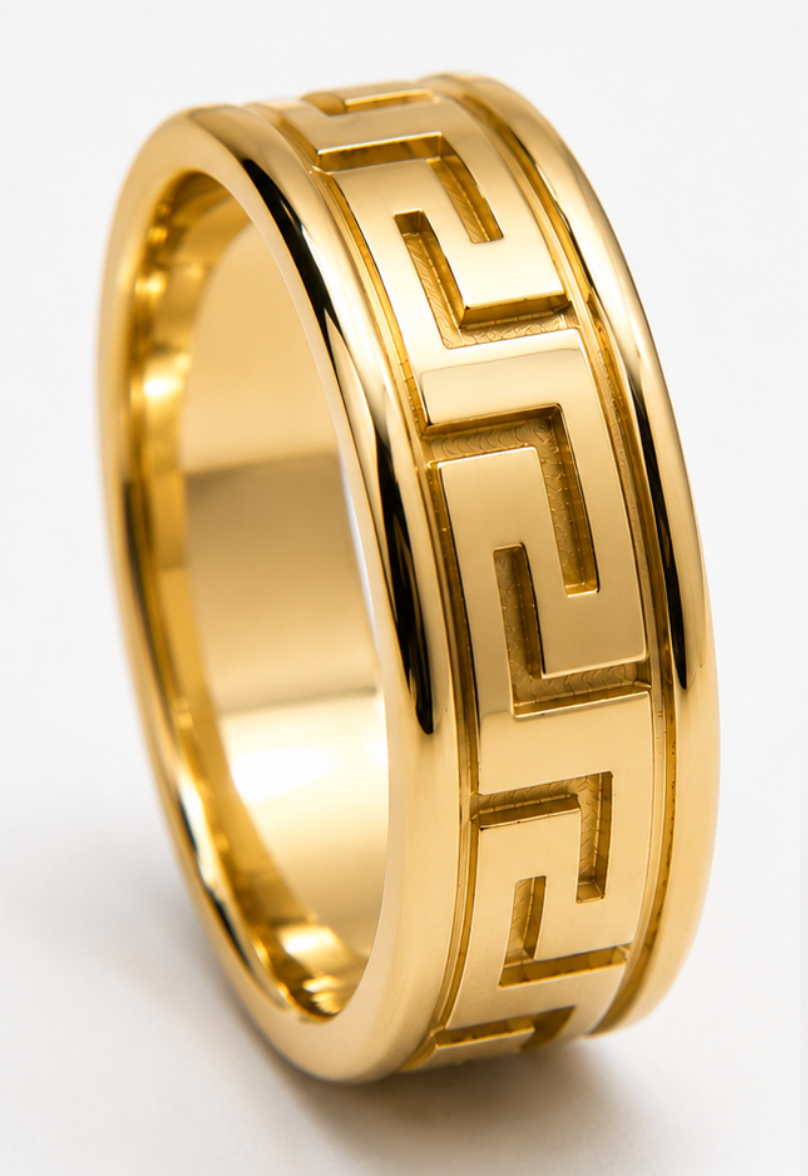 Kaedesigns, Genuine 9ct 9K 375 Yellow Solid Polished or Matt Gold Large Greek Key Ring In Your Size