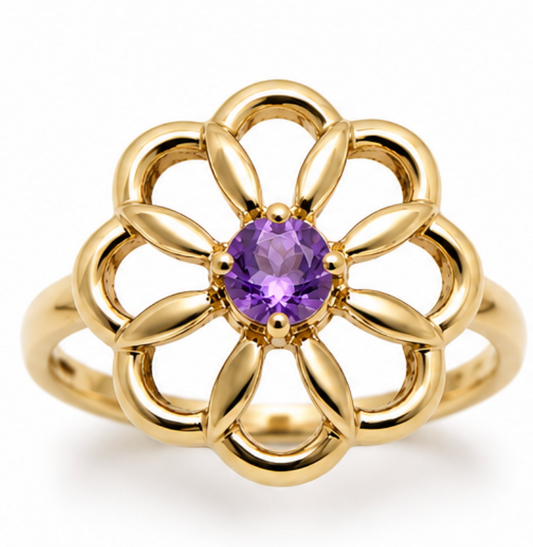 Genuine 9ct 9K 375 Yellow, Rose or White Gold Amethyst Stone Flower Ring - Choose your ring size H to P