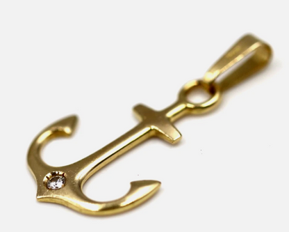 Genuine 14ct 14k 585 Yellow Gold Anchor CZ Charm Pendant Nautical