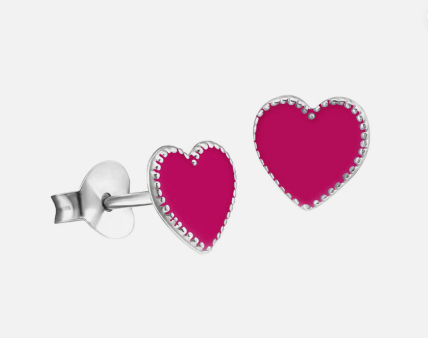 Sterling Silver 925 Small Hot Pink Enamel Heart Studs Earrings