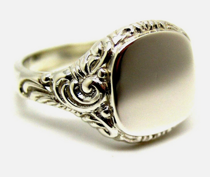 Kaedesigns Solid Genuine 9ct 9kt 375 White Gold Square Engraved Signet Ring 335 - Choose your ring size Q to Z
