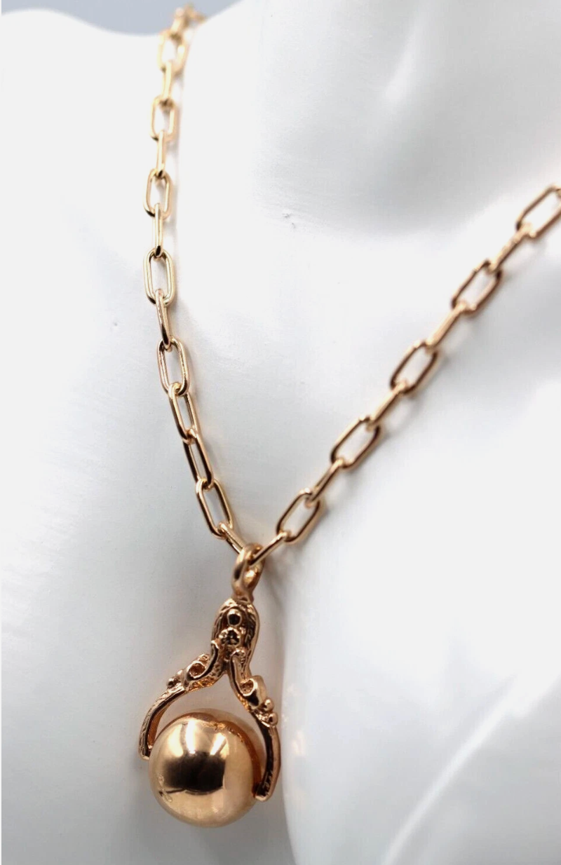 Genuine 9ct 9k Rose Gold 375 Handmade Paper Clip + Spinner Ball Pendant 45cm Necklace