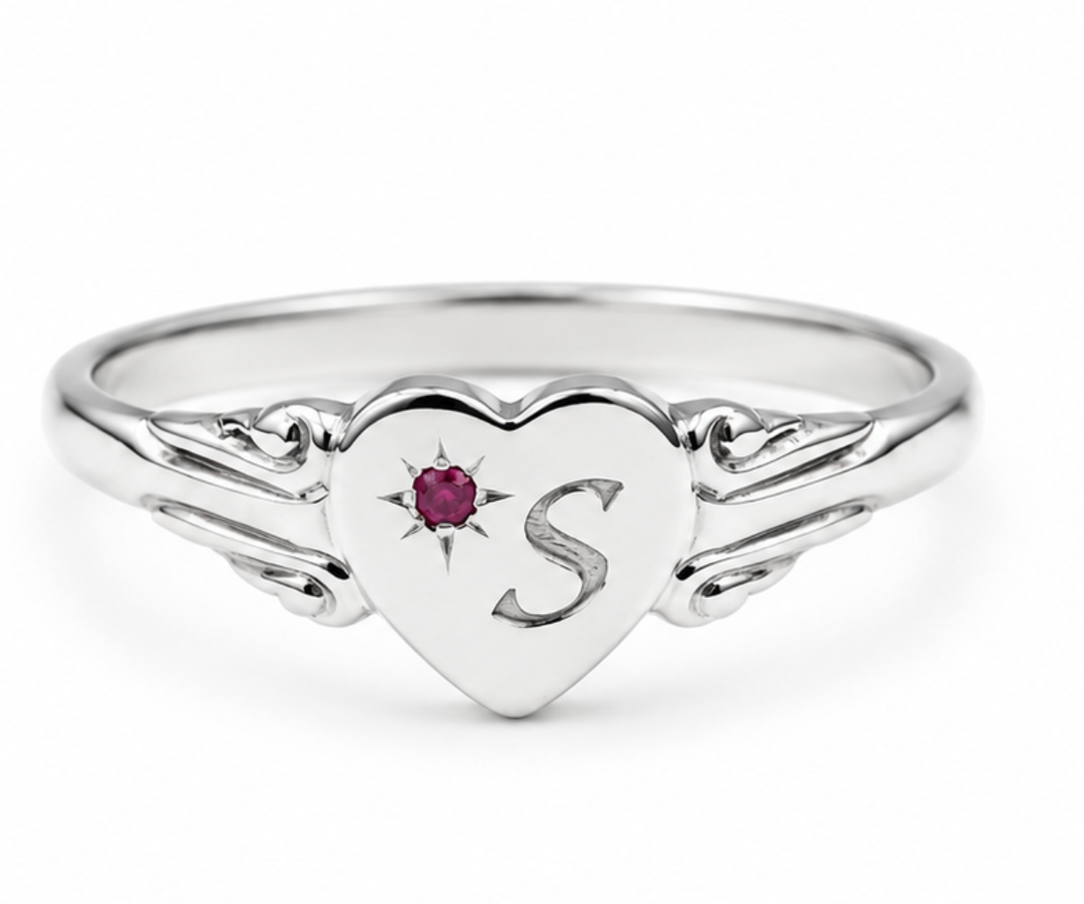 Sterling Silver 925 Heart Pink Sapphire Set Signet Ring + Engraving 1 initial- Choose your size