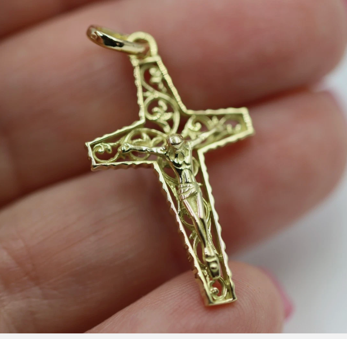 Genuine 18ct 18kt 750 Yellow Gold Filigree Crucifix Cross Pendant