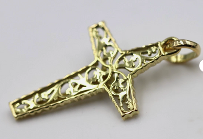 Genuine 18ct 18kt 750 Yellow Gold Filigree Crucifix Cross Pendant
