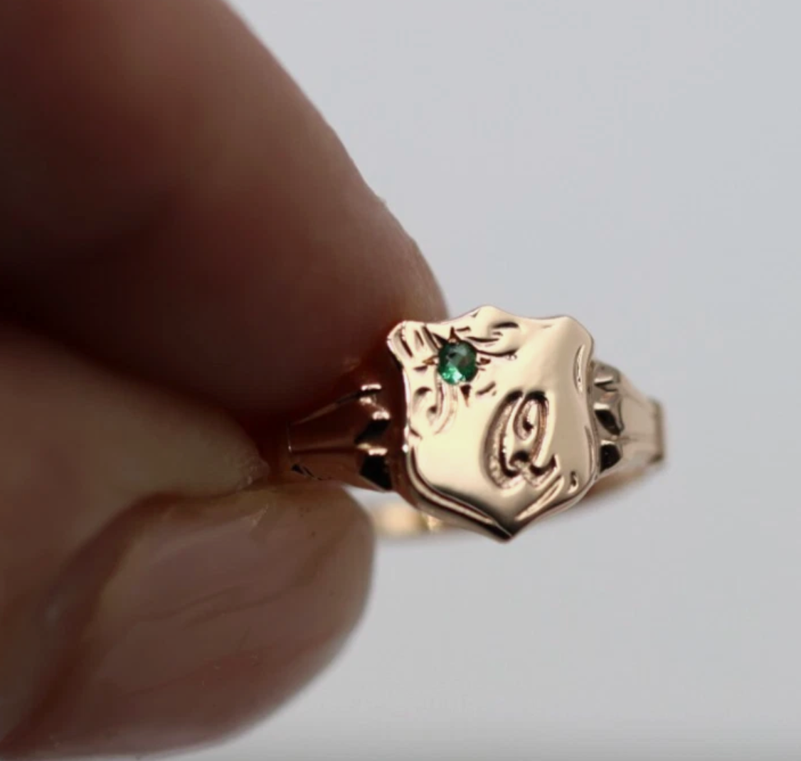 9ct Gold Emerald Shield Signet Ring – Yellow, Rose or White Gold - Choose your ring size H to P