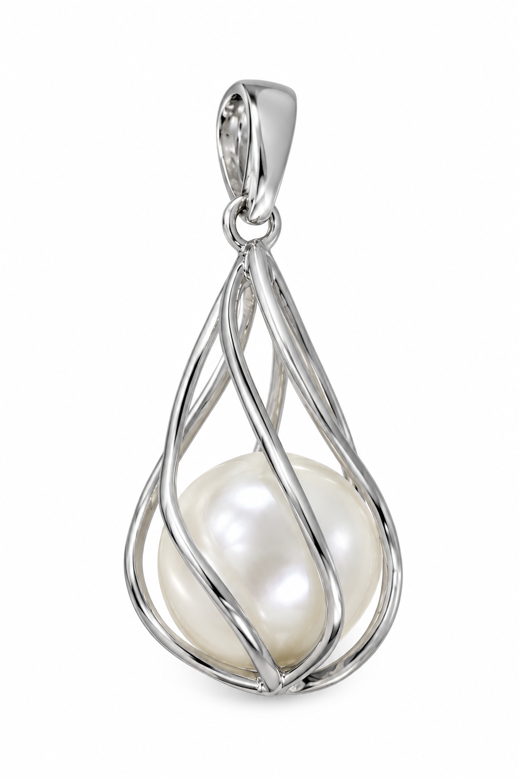925 Sterling Silver Caged Freshwater Pearl Pendant, 9mm
